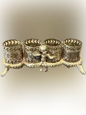 Gold Tone Cherub VTG Lipstick Holder 4 Slots Hollywood Regency Vanity Filigree